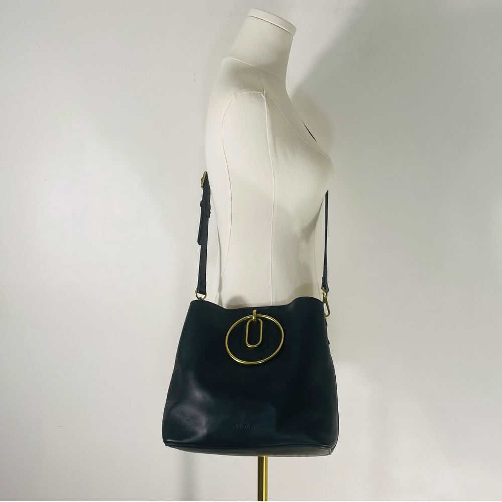 Nine West Soft Leather Black Handbag w Large Brass Gold Handles & Optional Strap